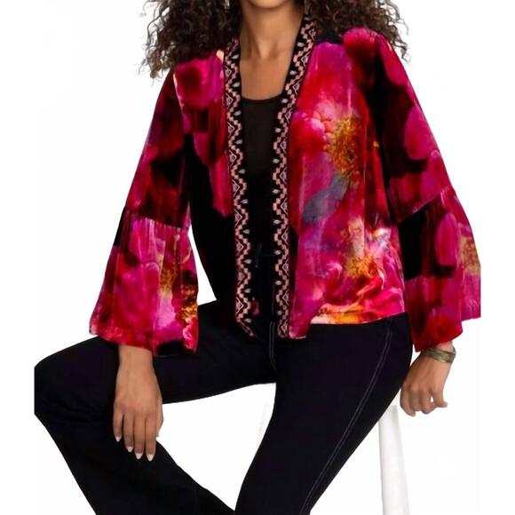 NEW JOHNNY WAS ruffle sleeve velvet bolero in ruby bloom